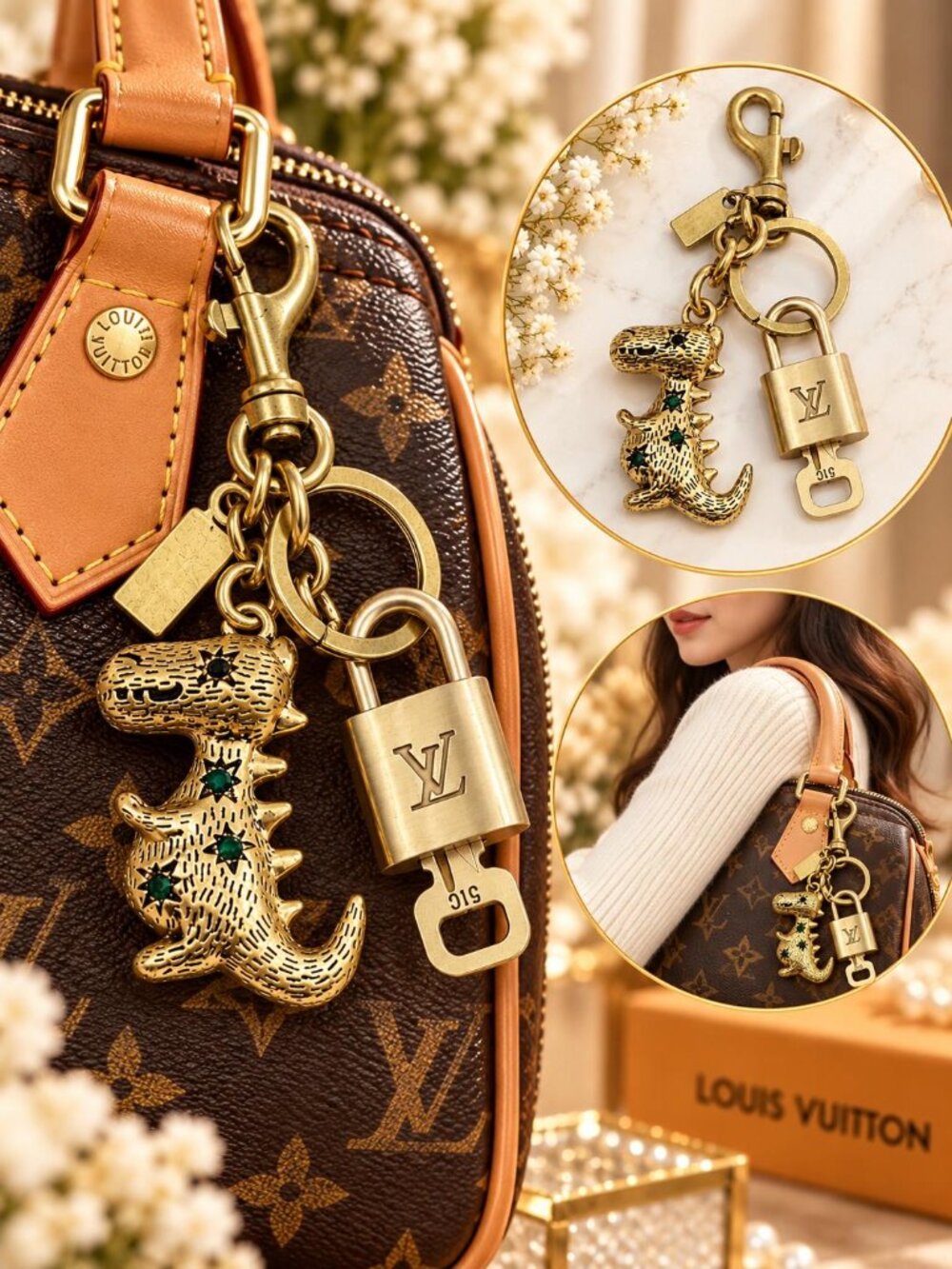 Authentic Louis Vuitton Gold Padlock 🔒 Key Set w/ Unbranded T-Rex Bag Charm